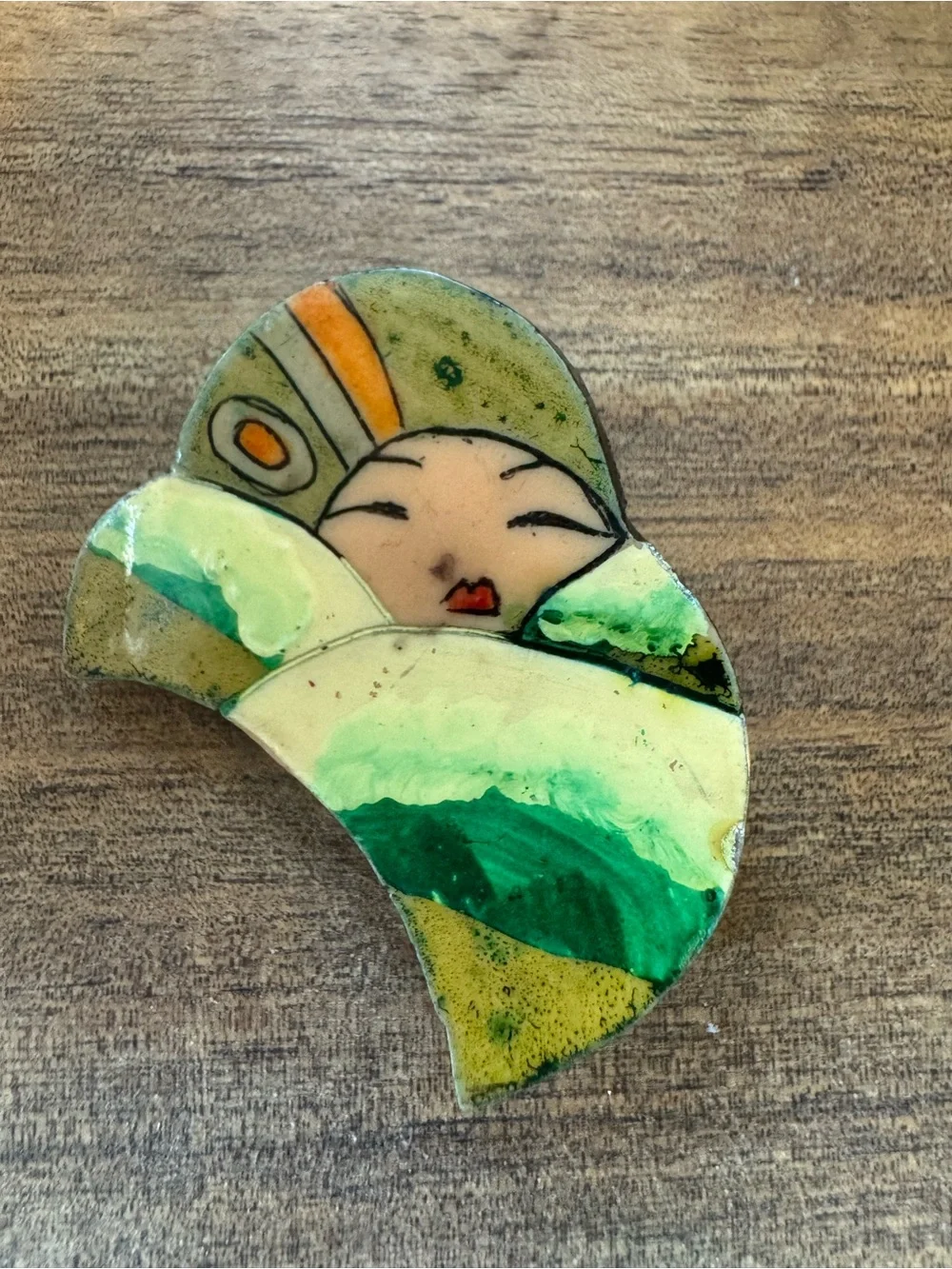 Vintage 1920s Lacquered Wood -Painted Art Pin